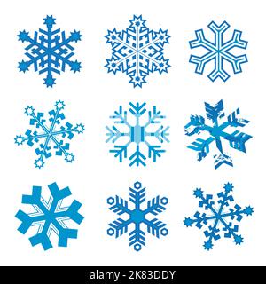 Fiocchi di neve, set di icone astratte. Illustrazione di nove cristalli di ghiaccio decorativi blu. Isolato su sfondo bianco. Vettore disponibile. Illustrazione Vettoriale