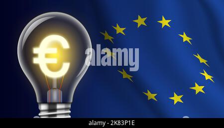 Lampadina con un brillante cartello Euro sullo sfondo di una bandiera UE. Elevato prezzo dell'elettricità concetto creativo illustrazione. Crisi energetica dell'Unione europea e bandiera del vettore politico. Illustrazione Vettoriale