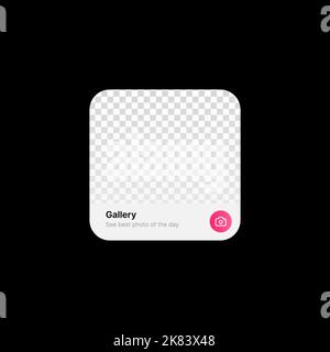 Informazioni sull'interfaccia utente Widget Galleria fotografica su sfondo nero. Illustrazione dei social media. Foto, titolo della galleria e testo modificabili con l'icona della fotocamera in cerchio rosa. Elemento Web per applicazioni mobili. Illustrazione vettoriale Illustrazione Vettoriale