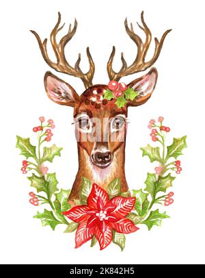 Carino primo piano cervi nella corona di Natale. Acquerello disegnato a mano per Natale e Felice stagione di Capodanno. Design per schede, adesivi, social post, copertina, Foto Stock