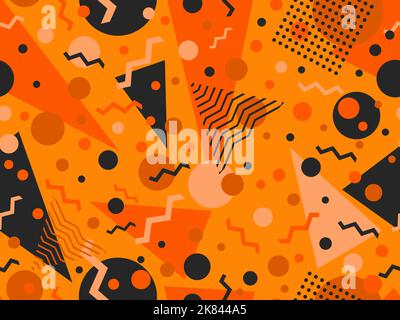 Modello Memphis senza cuciture con forme geometriche in stile 80s. Tavolozza di colori di Halloween arancione e nero. Progettazione di prodotti promozionali, carta da imballaggio Illustrazione Vettoriale