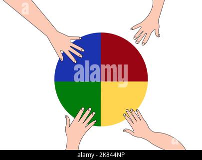 Codice di colore, energia di colore, personalità, diversità, differenze, mani uniche che tengono parti di colori Foto Stock