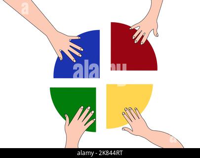 Codice di colore, energia di colore, personalità, diversità, differenze, mani uniche che tengono parti di colori Foto Stock