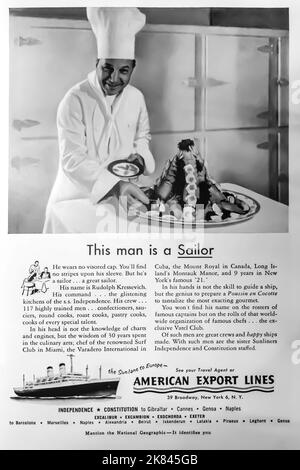 American Export Lines navi da crociera cross-continente. The sunline to Europe, pubblicità su una rivista NatGeo, 1954 Foto Stock