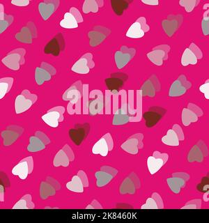 Cuori semplici e colorati motivo senza cuciture caotico su sfondo rosa fatto di piccole silhouette di cuore sovrapposto effetto stratificazione.per San Valentino, madre Foto Stock