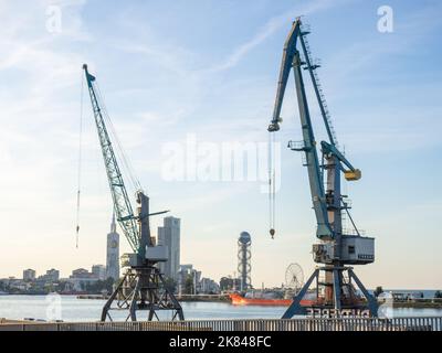 Gru del porto sullo sfondo della città. Meccanismo di sollevamento. Industria marittima. Spedizione merci. Gru sul mare. Foto Stock