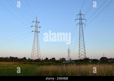 Torri di trasmissione che trasportano linee elettriche ad alta tensione. Tralicci di elettricità nel campo Foto Stock