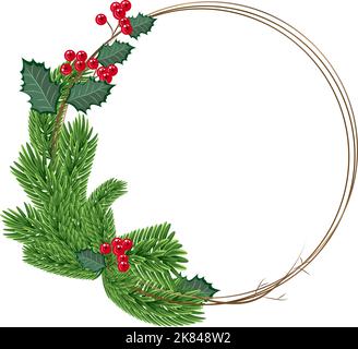 Corona di Natale. Illustrazione vettoriale con cornice rotonda dipinta, rami di abete verde, bacche rosse. Decorazione di Natale. Bel desugn per il biglietto d'auguri, Foto Stock