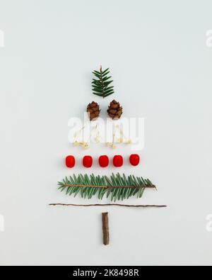 Albero di Natale fatto con abete sempreverde, coni di pino, bacche rosse e rami su sfondo bianco. Composizione minima di appartamento di vacanza. Inverno creativ Foto Stock