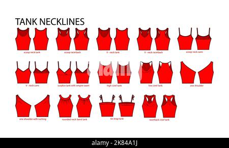 Set di abiti da canotta scollo - top, cami, una spalla, sessola, racerback, Scollo a V, illustrazione tecnica della moda. Modello di abbigliamento piatto anteriore, posteriore. Donne, uomini unisex CAD mockup Illustrazione Vettoriale