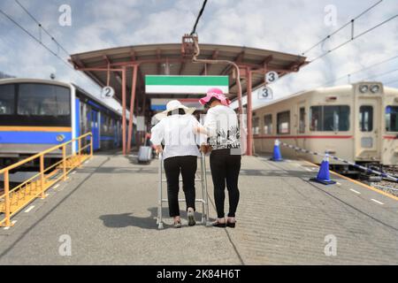 Figlia prendersi cura di una donna anziana che cammina sulla stazione ferroviaria, Giappone. Foto Stock