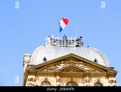 Bandiera di Francia su edificio storico nel Museo del Louvre con figurine intricate e caratteristiche architettoniche Foto Stock