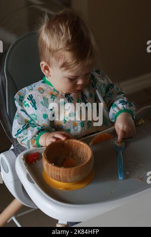 Il bambino che mangia da solo imparando con il metodo dello svezzamento guidato dal bambino Foto Stock