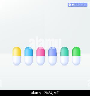 Simboli icona Multicolors Medical pills. Capsule, farmaci, farmacia, sanità e concetto di medicina. Disegno illustrativo isolato con vettore 3D Cartoon pas Illustrazione Vettoriale