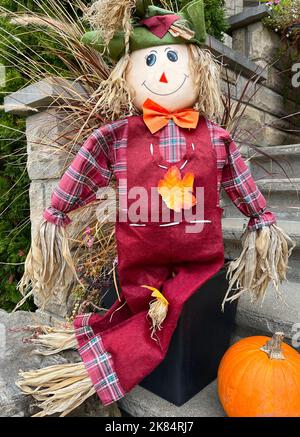 Autunno e Halloween bambola decorativa con zucca di fronte alla casa, Canada Foto Stock