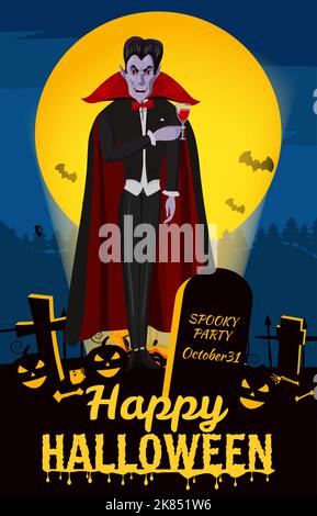 Happy Halloween Dracula sul cimitero, croci, tombe, zucche spaventose, luna, notte, silhouette di pipistrelli volanti. Stile cartoon illustrazione vettoriale Illustrazione Vettoriale