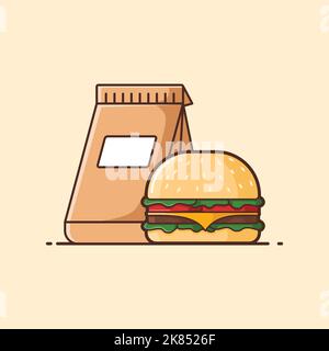 Illustrazione di Burger Take-out - disegno di illustrazione vettoriale - Logo alimentare - Illustrazione del cibo - Illustrazione del fast food Illustrazione Vettoriale