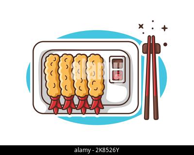 Gamberi fritti con salsa di soia e pomodoro su un piatto Illustrazione Cartoon Vector isolato. Illustrazione di alimento di mare. Illustrazione dei cartoni animati tempura Illustrazione Vettoriale