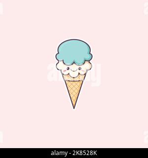 Illustrazione del carattere gelato, carino e kawaii gelato, sorriso. Illustrazione Vettoriale