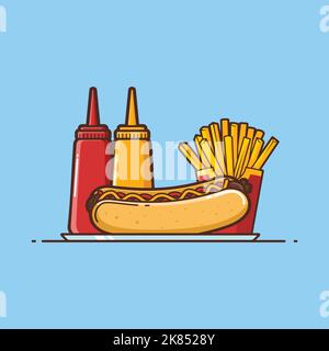 Pranzo, Hot Dog & French Fries con salsa e maionese, Cartoon Vector Illustration - Fast Food Illustration - Junk food Doodle Illustration Illustrazione Vettoriale