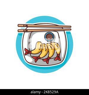 Gamberi fritti con salsa di soia su un piatto bianco Illustrazione Cartoon Vector isolato. Illustrazione di alimento di mare. Illustrazione dei cartoni animati tempura Illustrazione Vettoriale