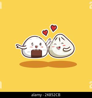 Veamed Bun e Onigiri carino personaggio Love Couple - illustrazione vettoriale Illustrazione Vettoriale