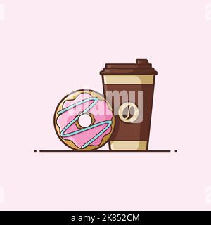 Dolci Donuts e caffè Cup - colazione - illustrazione vettoriale dei cartoni animati - cartone animato minimalista Illustrazione Vettoriale