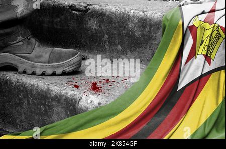 La gamba dei militari si trova sul passo accanto alla bandiera dello Zimbabwe, il concetto di conflitto militare Foto Stock