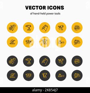 Icone vettoriali lineari in un cerchio giallo e nero isolato su sfondo bianco, presentazione della progettazione di utensili da costruzione. Illustrazione Illustrazione Vettoriale
