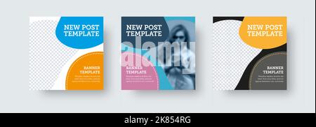 Modello di banner Web vettoriale su sfondo bianco, nero, colorato con presentazione del design, luogo per la foto. Set di nuovi post quadrati per i social media, pro Illustrazione Vettoriale