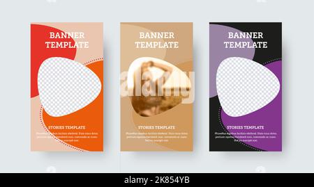 Modello di banner vettoriale, storie per i social media con design astratto a colori su sfondo marrone, nero. Layout poster con spazio per la foto, post per Illustrazione Vettoriale