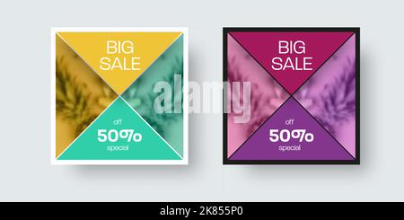 Presentazione post sui social media quadrati con design triangolare, nei colori giallo, verde e viola. Modello di volantino vettoriale per l'offerta speciale della newsletter, dis Illustrazione Vettoriale