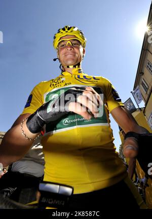 Thomas Voeckler del team Europcar all'inizio della gara Foto Stock