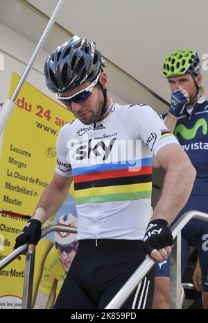 Tappa 3 del Tour di Romandy, Svizzera, Mark Cavendish del Team Sky Procying esce dal podio a Neuveville Foto Stock