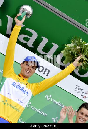 Fase 4, Luis Leon Sanchez ESP del team Rabobank vince la 4th tappa del Tour of Romandy a Sion , Svizzera, e allontana la maglia del leader giallo da Bradley Wiggins. Foto Stock