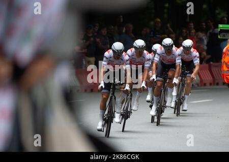 Team Trek Segafredo Richie Porte, Julien Bernard, Giulio Ciccone, Koen de Kort, Fabio Felline, Bauke Molema, Toms Skujins, Jesper Stuyven durante il Tour de France 2019 fase 2 - Team Time Trial a Bruxelles Domenica 7 luglio 2019. Foto Stock