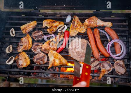 Assorted meat from chicken and pork and various vegetables on barbecue grill cooked for summer family dinner Stock Photo