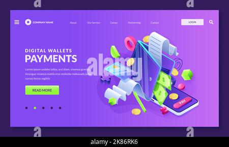 Tecnologia dei portafogli digitali e concetto di transazione dei pagamenti globali. Immagine isometrica Vector 3D di portafoglio, carta di credito e smartphone. Divieto online Illustrazione Vettoriale