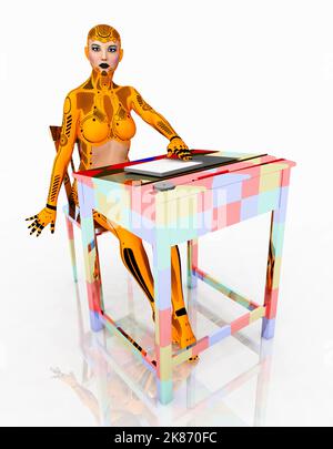 Robot femminile umanoide con scrivania Foto Stock