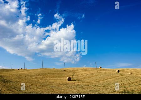 Paesaggio rurale agricolo con paglia raccolta e un cielo blu con grandi nuvole Foto Stock