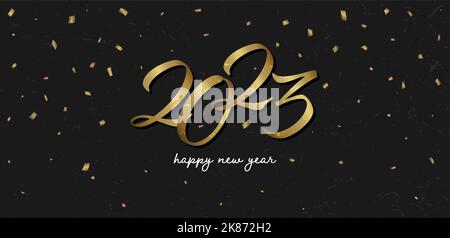 golden happy new year 2023 biglietto d'auguri con confetti, illustrazione vettoriale Illustrazione Vettoriale