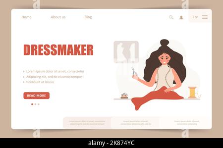 Pagina di destinazione del dresssaker o modello di banner Web. Donna seamstress con forbici taglia tessuto rosso. Stilista o su misura. Illustrazione vettoriale nella Illustrazione Vettoriale