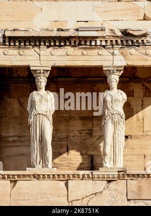 Il portico delle Maidens, Erechtheion, Acropoli, patrimonio dell'umanità dell'UNESCO, Atene, Attica, Grecia, Europa Foto Stock