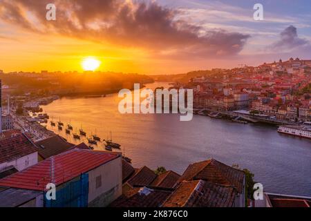 Vista del tramonto sui tetti della terrazzata e sul fiume Douro nel centro storico di Porto, Porto, Norte, Portogallo, Europa Foto Stock