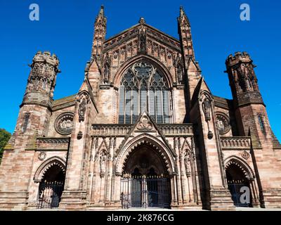 Fronte ovest della Cattedrale di Hereford, Hereford, Herefordshire, Inghilterra, Regno Unito, Europa Foto Stock