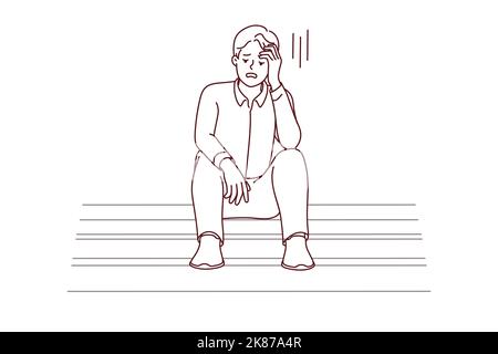 Un giovane uomo infelice siede sulle scale si sente angosciato con la perdita o il fallimento del lavoro. Il maschio di upset ha sottolineato con i problemi di vita o di affari, cerchi la soluzione. Illustrazione vettoriale. Illustrazione Vettoriale