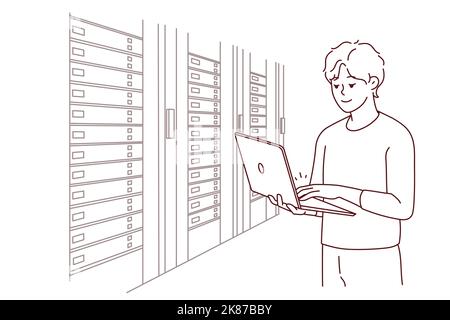 Ingegnere maschile con computer portatile in piedi vicino alla sala server con computer. Specialista IT uomo che lavora nel data center vicino ai rack server. Illustrazione vettoriale. Illustrazione Vettoriale