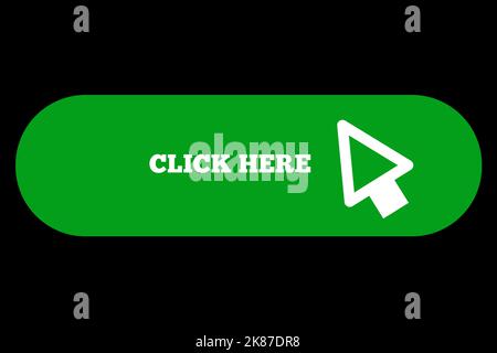 Un colore verde fare clic qui icona carica pulsante simbolo carica sito web freccia puntatore cellulare App forma segno Logo semplice piatto Illustrazione Foto Stock