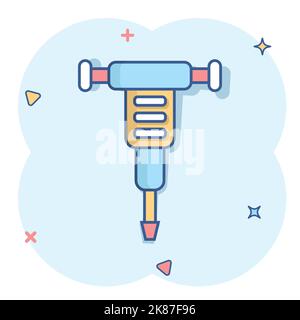 Icona jackhammer in stile comico. Disappannamento dell'illustrazione vettoriale del pacchetto su sfondo isolato bianco. Distruggi il concetto di affari di effetto di spruzzo. Illustrazione Vettoriale