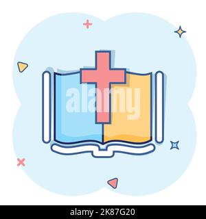 Icona del libro della Bibbia in stile comico. Chiesa fede cartoni animati illustrazione vettoriale su sfondo bianco isolato. Idea di business di Spirituality splash effect. Illustrazione Vettoriale